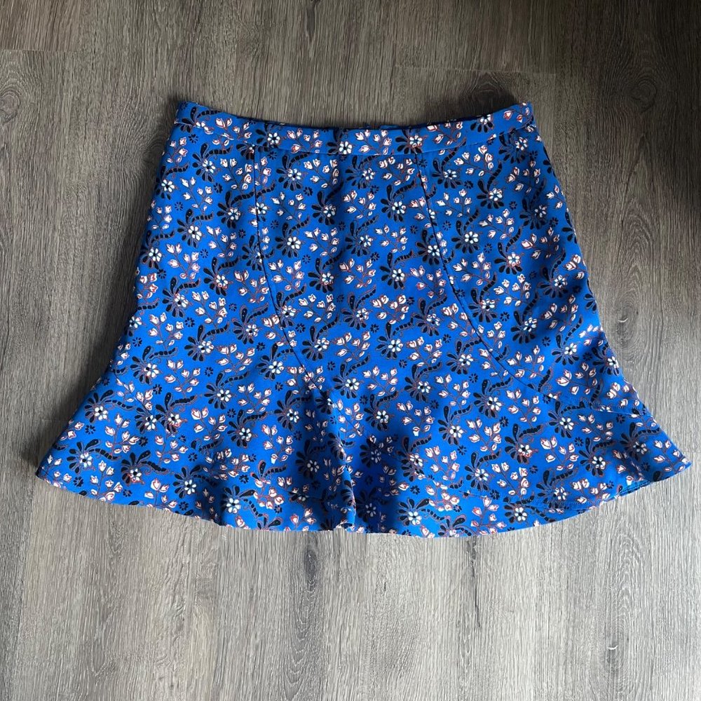 J.Crew Blue Floral Print Ruffle Hem Flutter Hidden Back Zip Mini Skirt 6 Spring